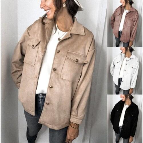 Womens Autumn Winter Fashion Long Sleeve Pocket Deerskin Velvet Shirt Coat