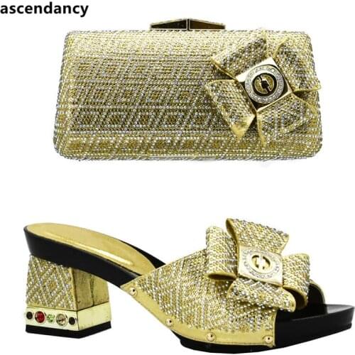 Ladies Design Italian Shoes and Bag Set Decorated with Rhinestone Nigerian Women Wedding Shoes and Bag Set African Shoes and Bag