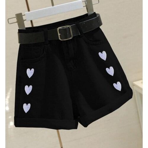 2021 New Love Prined Casual Summer Women Button Wigh Leg Jeans Shorts Female Loose Fit High Waist Short Black Denim Shorts