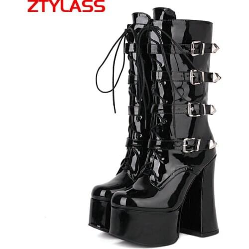 Blackl Super High Heel Women Boots Fashion Patetnt Leather Mid Calf Boots Metal Belt Buckle Motorcycle Boots Autumn Winter Shoes