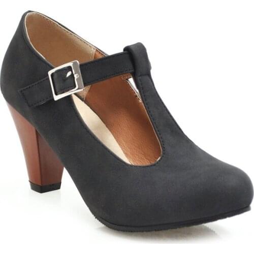 Oversized 13 14 15 16 ladies high heels women shoes woman pumps Retro T-shaped buckle round-headed Marijan single shoes