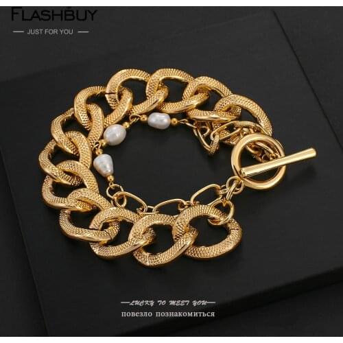Flashbuy New Punk Chunky Metal Chain Bracelet For Women Retro Natural Pearl Wrist Jewelry Accessorries OT Buckle