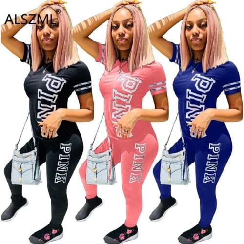 2020 new fashion o neck short sleeve letter print top and tight leggings 2 pieces set high street lady fashion tracksuits