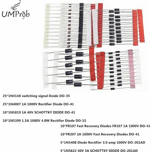 1N4148 1N4007 1N5819 1N5399 1N5408 1N5822 FR107 FR207 8values=100Pcs Electronic Components Packag Diode Assorted Kit