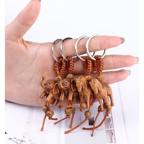 2pc Lucky Elephant Carving Wooden Car Keychain Key Ring Pendant for Mujer Charms Car Accessories Bag Decoration