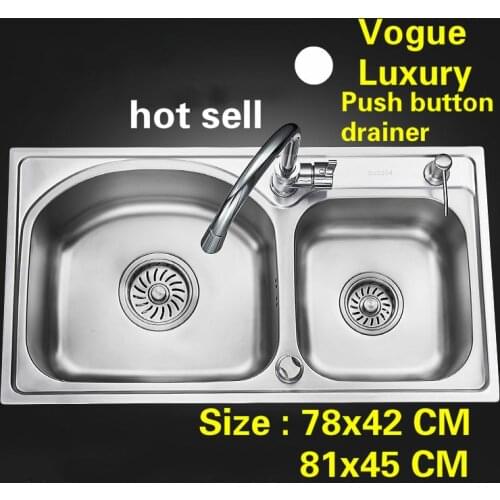 Free shipping Household kitchen double groove sink push button drainer luxury 0.8 mm 304 stainless steel hot sell 78x42/81x45 CM