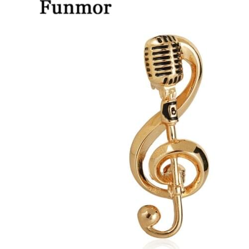 Funmor Alloy Gold Color Microphone Music Note Brooches Enamel Pin For Women Men Singer Party Concert Accessories New Years Gift