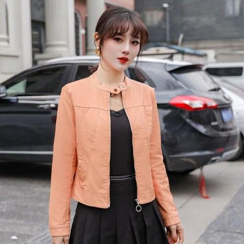 Black Short Autumn Womens Leather Jacket Long Sleeve O Collar Moto Biker Zipper Slim Splicing Washing PU Leather Jacket Coat