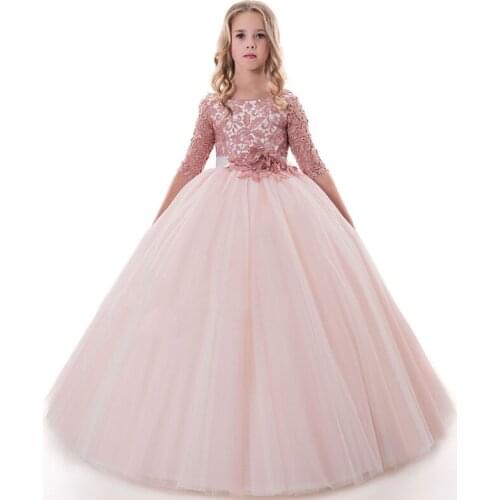 Pink mesh flower girls dress vestido nina long ball gowns for kids fantasia infantil para menina little girls dresses 2-12years