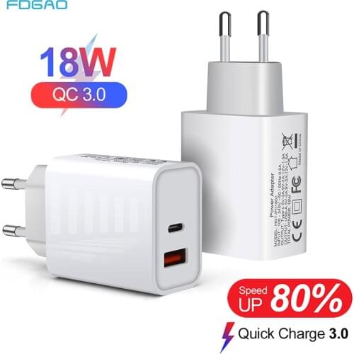 FDGAO PD Charger USB C 18W QC 3.0 For Xiaomi Huawei Samsung Fast Charger USB Type C Phone Charger Adapter For iPhone 12 XS 11 XR