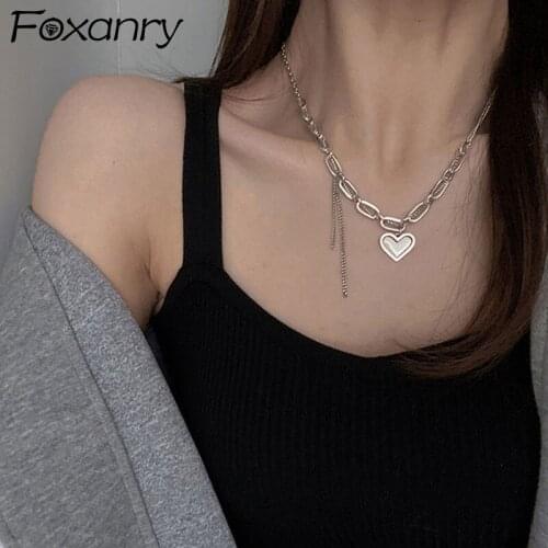 FOXANRY 925 Sterling Silver Necklace for Women New Trendy Elegant Punk Vintage LOVE Heart Tassel Chain Party Jewelry Lover Gifts