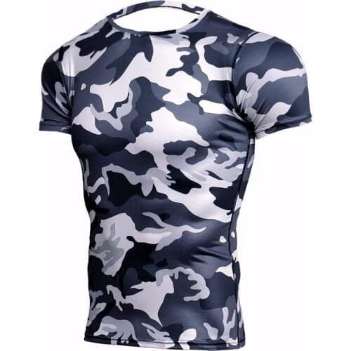 Camouflage Short Sleeve T-shirt Mens Running Compression Sport Shirt Men Dry Fit Breathable Rashgard Man Gym Fitness Tights MMA
