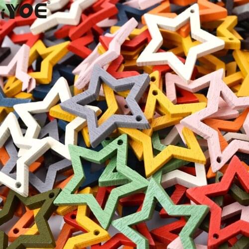 IYOE 30pcs/Lot 25mm Multicolor Hollow Star Charms Natural Wood Charms Pendant For Diy Necklace Earring Making Jewelry Supplies