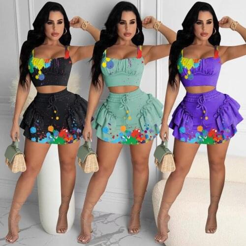 Echoine Tie Dye Print Tank Top Sleeveless Crop Top Ruffle Mini Skirt Set Two Piece Set Casual Party Clubwear Outfits Streetwear
