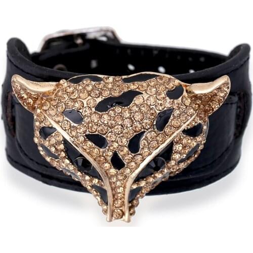HAHA&TOTO Fashion Womens Leather Bracelet Animal Fox Bangle Inlaid Rhinestones Gold Plated Statement Bracelet Bangle Pulseira