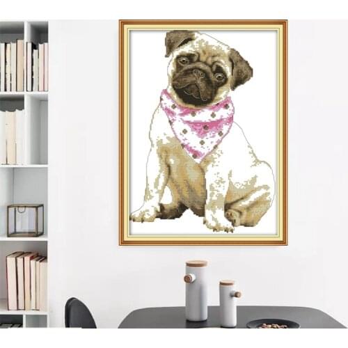 Dog with a red scarf Cross Stitch Kits Cute Pug Printed pattern canvas Bedroom Embroidery Needlework set Cross-stitch Home Decor