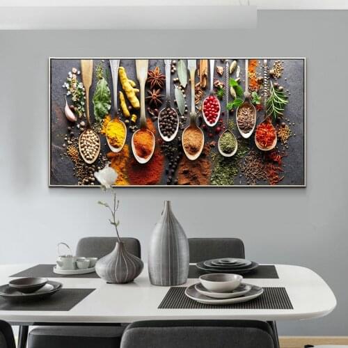 Kitchen Themed Wall Art Decor Colorful Spice and Spoon In Table Canvas Paintings Food Cooking Ingredients Canvas Art Print Decor