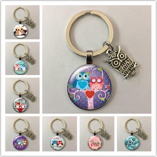 New couple owl friend glass round photo keychain glass cabochon keychain key ring jewelry gift