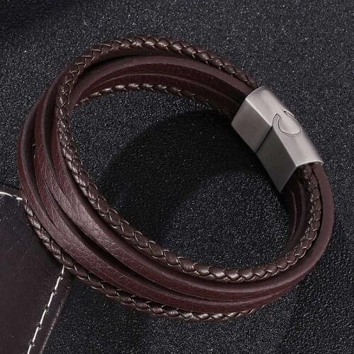 New Black/Brown Multiple Leather Rope Bracelets Men Women Jewelry Stainless Steel Magnetic Buckle Trendy Bangles Gifts S505