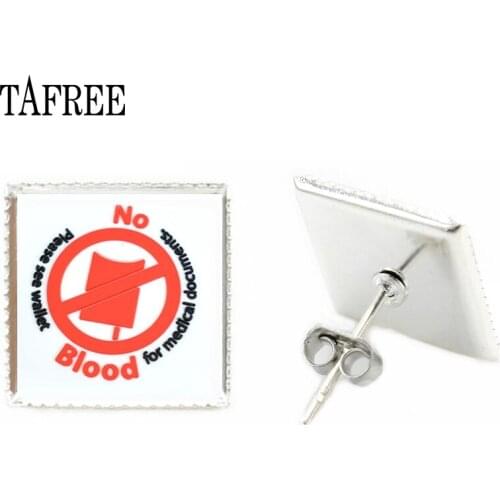 TAFREE New No BLOOD Square earrings Art Picture Glass Cabochon Dome earrings Men Women Souvenir Jewelry QF92