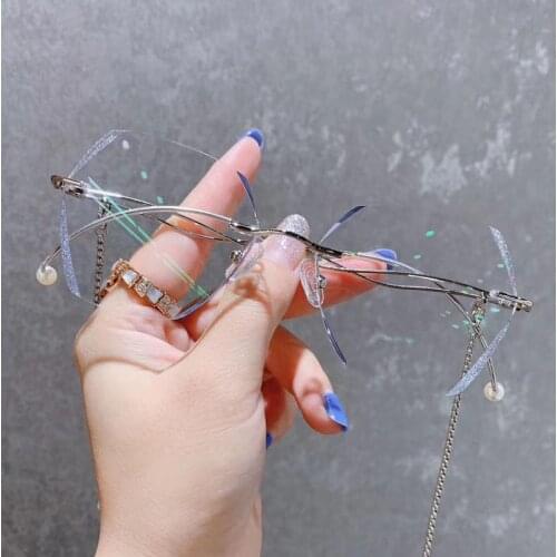 Oversized Filter Rimless Glasses Bluelight Blocking Myopia Women Eyeglasses Rose Gold Chain Fashion Girl Prescription Eyewear