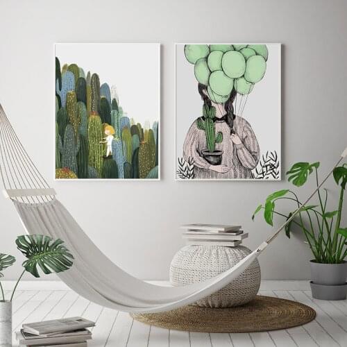 Nordic Art Print Pastel Cactus Green Balloon Girl Canvas Painting Poster Botanical Wall Picture For Living Room Home Decoration