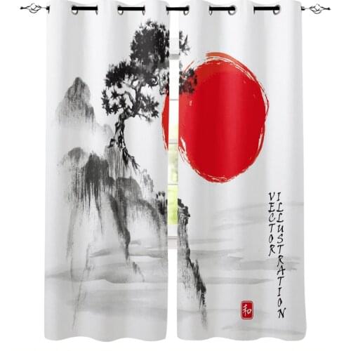 Pine Tree Mountain Sun Landscape Ink Painting Windows Curtains For Living Room Bedroom Decor Kitchen Curtains Drapes Treatments