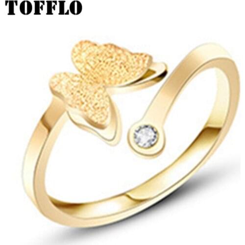 TOFFLO Stainless Steel Jewelry Frosted Butterfly With Zircon Opening Ring Elegant Womens Ring BSA020
