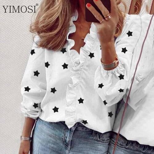 Women Autumn Ruffle Blouse Shirt Elegant Casual V-Neck Long Sleeve Button Tops 2020 Vintage Star Print White Blouses