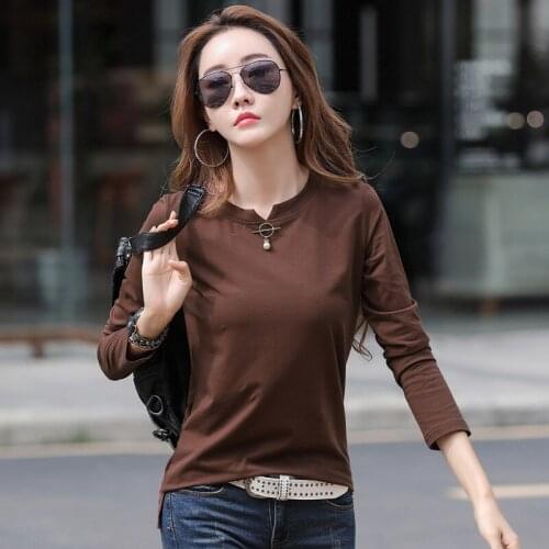 LJSXLS Long Sleeve T Shirt Women Beading Vintage Korean Fashion Clothes 2021 Spring Autumn Tops T-Shirt Cotton Tee Shirt Femme