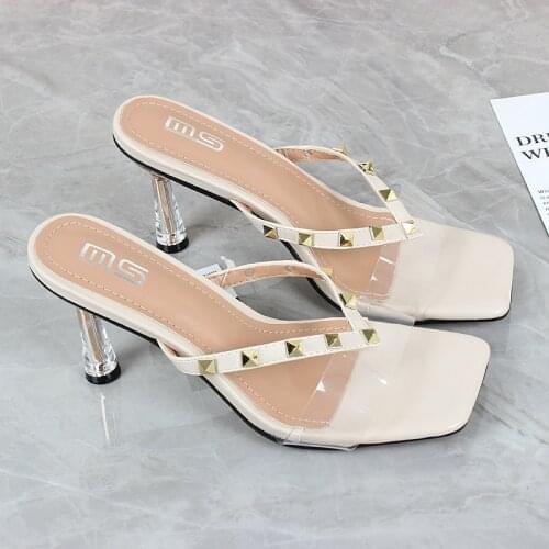 Womens Sandals 2021 Summer New Square Head Open Toe Back Empty High Heel Sandal Rivet Decoration Fashion Comfortable 8cm 36-41