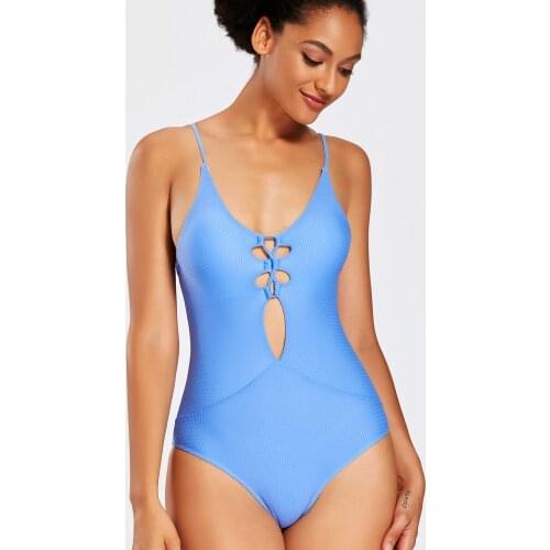 Summer Swimwear High Waist Wire Free Solid Elegant Women One Piece Blue Beach Bathing Suits Swimsuit Bikini