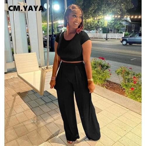 CM.YAYA Summer Ribbed Womens Set Fashion Mini T-shirt and Staight Pants Matching Two 2 Piece Set Tracksuit Knitted Sweatsuit