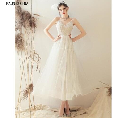 KAUNISSINA Sexy Backless Wedding Dress Women A-Line Boho Spaghetti Straps V-Neck Applique Tulle Bridal Gowns Simple Brie Dresses