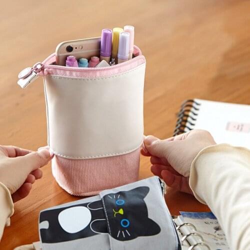 2 Piece Transformer Stand Store Pencil Canvas Telescopic Stationery Pen Bag pencil case Cartoon Cute Cat Pouch Holder Box Holder