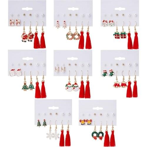 2020 Christmas Multiple Enamel Tassel Earrings Set for Women Red Green Tree Elk Bells Snowman Drop Earrings Festival Jewelry