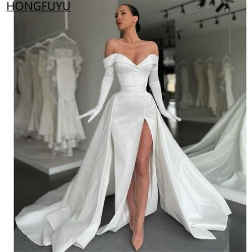 HONGFUYU Off the Shoulder Satin Wedding Dress with Detachable Long Train Wedding Bridal Gowns Side Slit Button robe de mariée