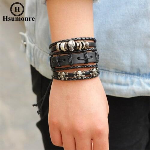 Men Multilayer Wrap Bracelets Set Skull Stars Charm Retro Genuine Leather Black Strand Beaded Bracelet Wristbands Braided Style