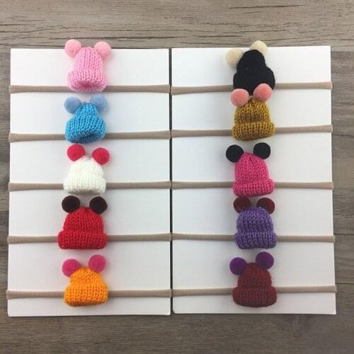 Boutique 50pcs Fashion Cute Pom Pom Crochet Hat Super Soft Nylon Hairbands Solid Kawaii Mini Cap Headbands Hair Accessories