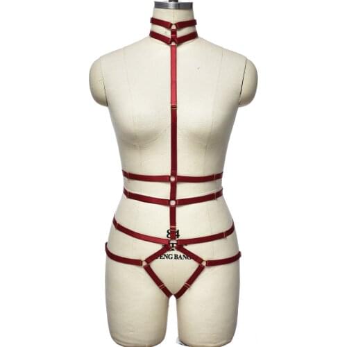 Women Red Elastic Body Harness Belt Bondage Sexy Lingerie Set Harness Body Cage Cupless Bra Goth Club Wear Hollow Suspenders