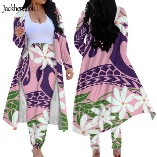 Jackherelook 2 Piece Long Cardigan for Womens Poly Hawaiian Print Tribal Tiare Pink Purple Print Plus Size Top Skinny Pants Suit