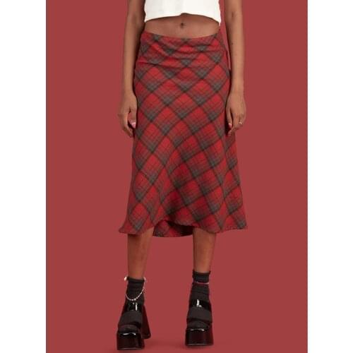 Kayotuas Women Skirt Vintage 90s Plaid High Waist Brown Midi Aesthetics Printing A-Line Long Girls Streetwear Summer Outfit
