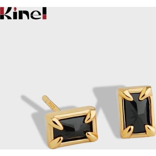 Kinel Genuine Silver 925 Jewerly Square Black Zircon Small Stud Earrings for Women Men Couple Accessories