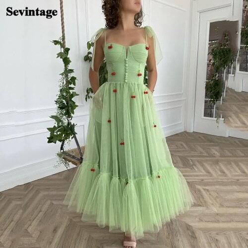 Sevintage Sage Green Short Tulle Prom Dresses Cherry Straps A Line Tiered Buttons Homecoming Dress Ankle Length Party Gowns