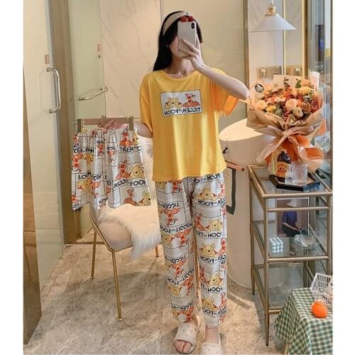 Hot sale Woman cartoon Mickey Minnie print pajamas girl summer and autumn three-piece short-length home service suit