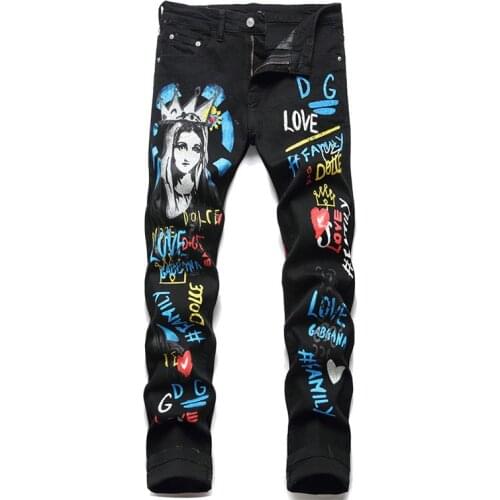 KIOVNO Men Fashion Printed Jeans Pants Black Stretch Streetwear Denim Trousers For Male Slim Fit