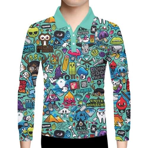 OGKB EU Size 3D Full Body Print Polo Shirts Homme Men Multi-element Graffiti Printed Long Sleeve Polos Men Summer DIY Streetwear