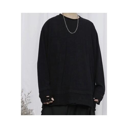 Mens new t-shirt fashion mens casual hole cut edge design long-sleeved loose t-shirt undershirt