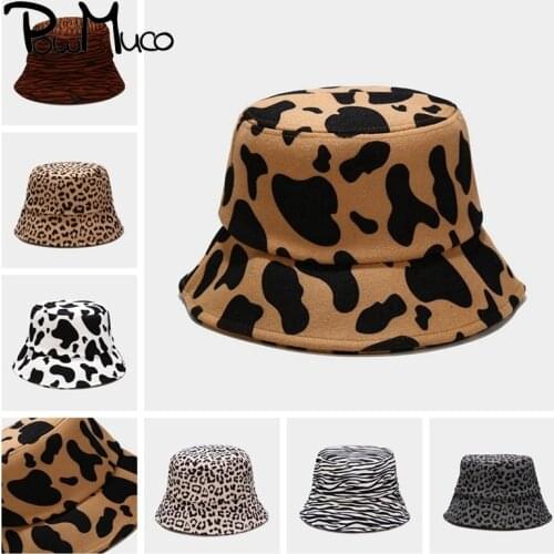Powmuco Autumn Winter Thickened Bucket Hats Leopard Print and Cow Pattern Leisure Cap Outdoor Sunscreen Hat Fisherman Bonnet