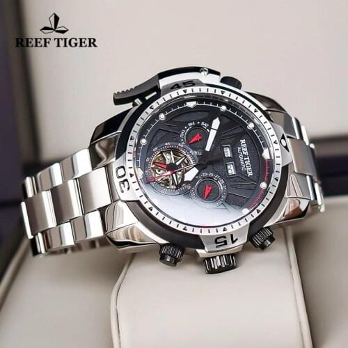 Reef Tiger/RT Top Brand Sport Men Mechanical Watch With Year Month Perpetual Calendar Steel Bracelet Tourbillon Automatic Watch